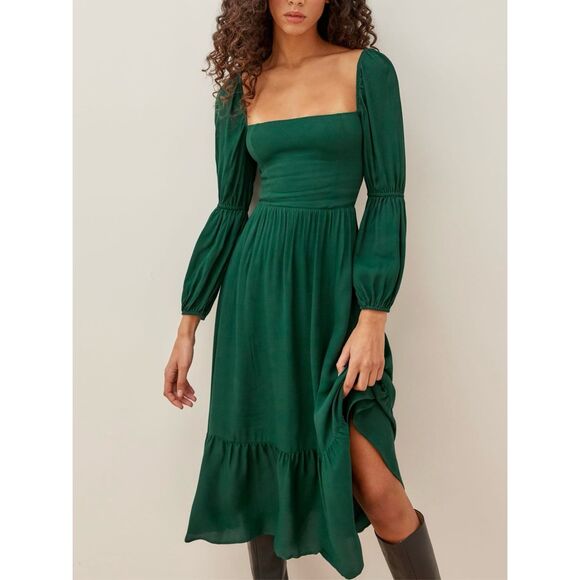 Reformation Women's Smocked Ruffle Square-Neck Midi Mica Dress In Emerald Size 8 - Picture 2 of 9